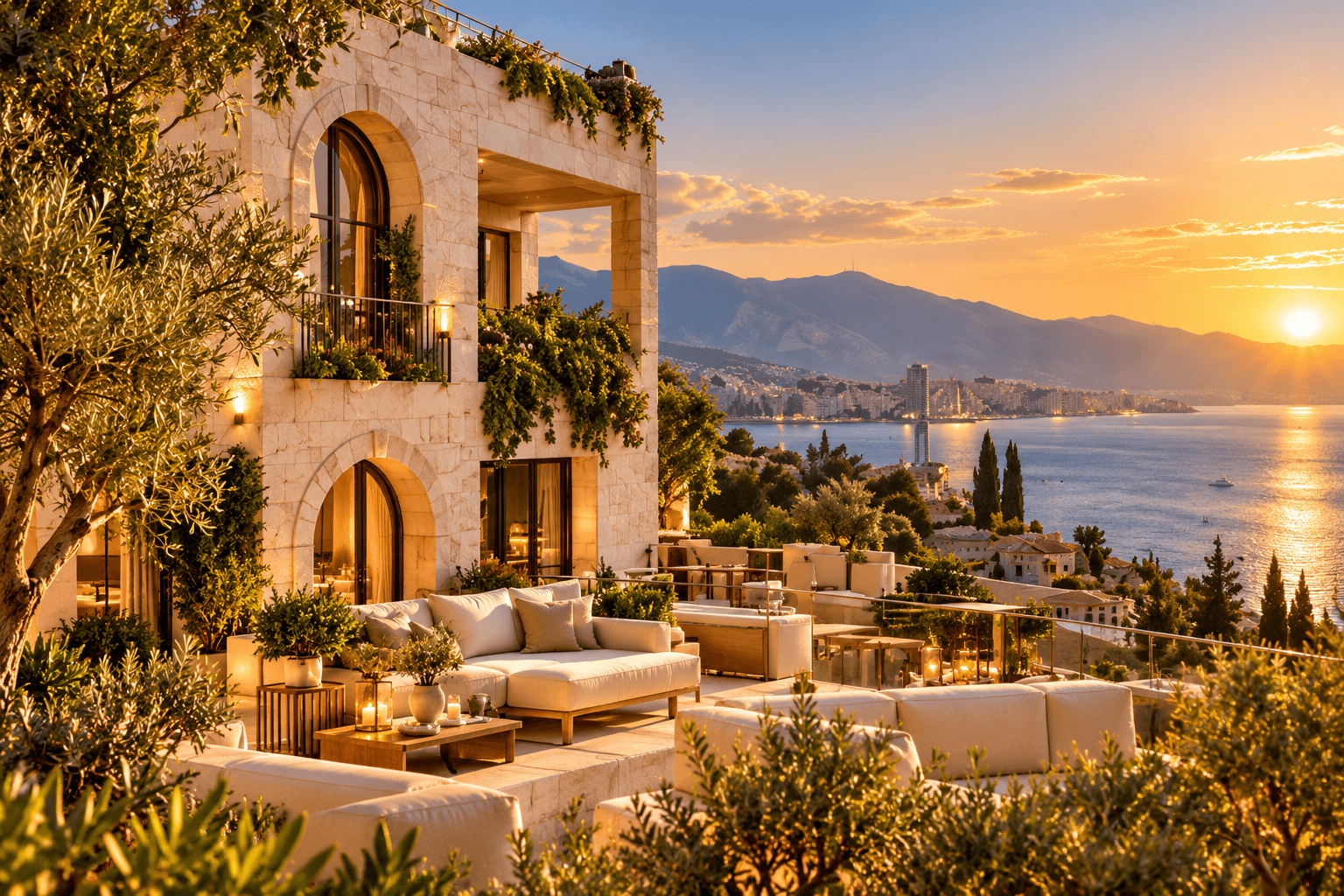 Sea-view hotel terrace at sunset